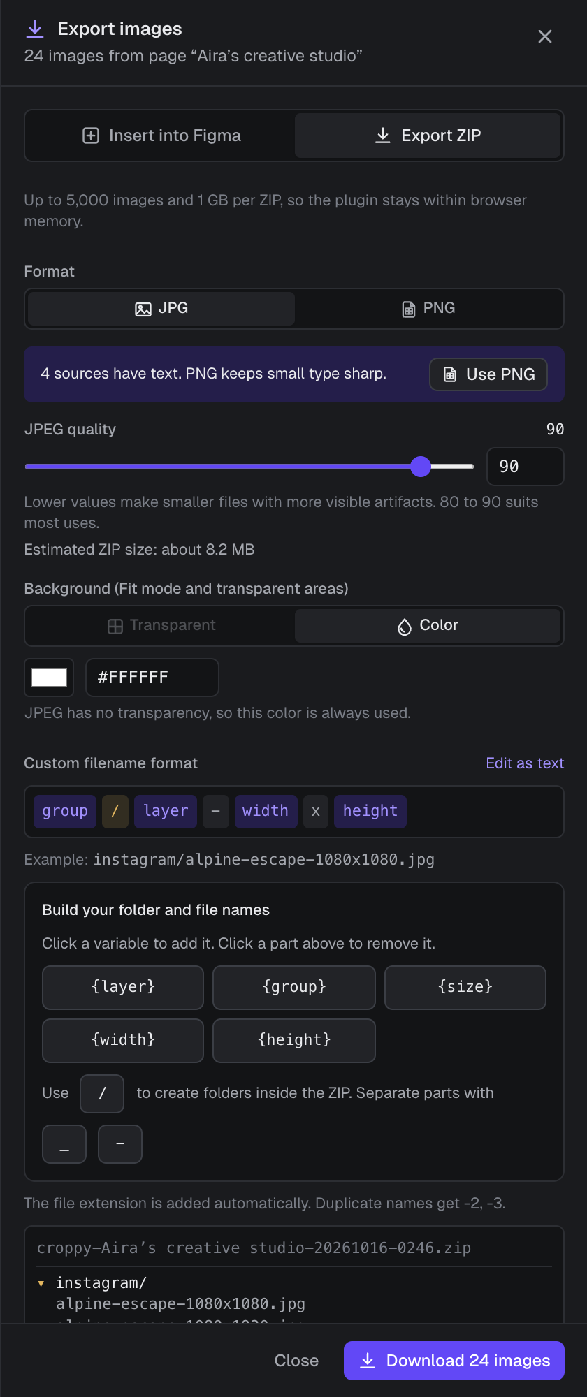 The Export images dialog with JPG selected, JPEG quality 90, an estimated ZIP size of 8.2 MB, a white background and the file name builder.