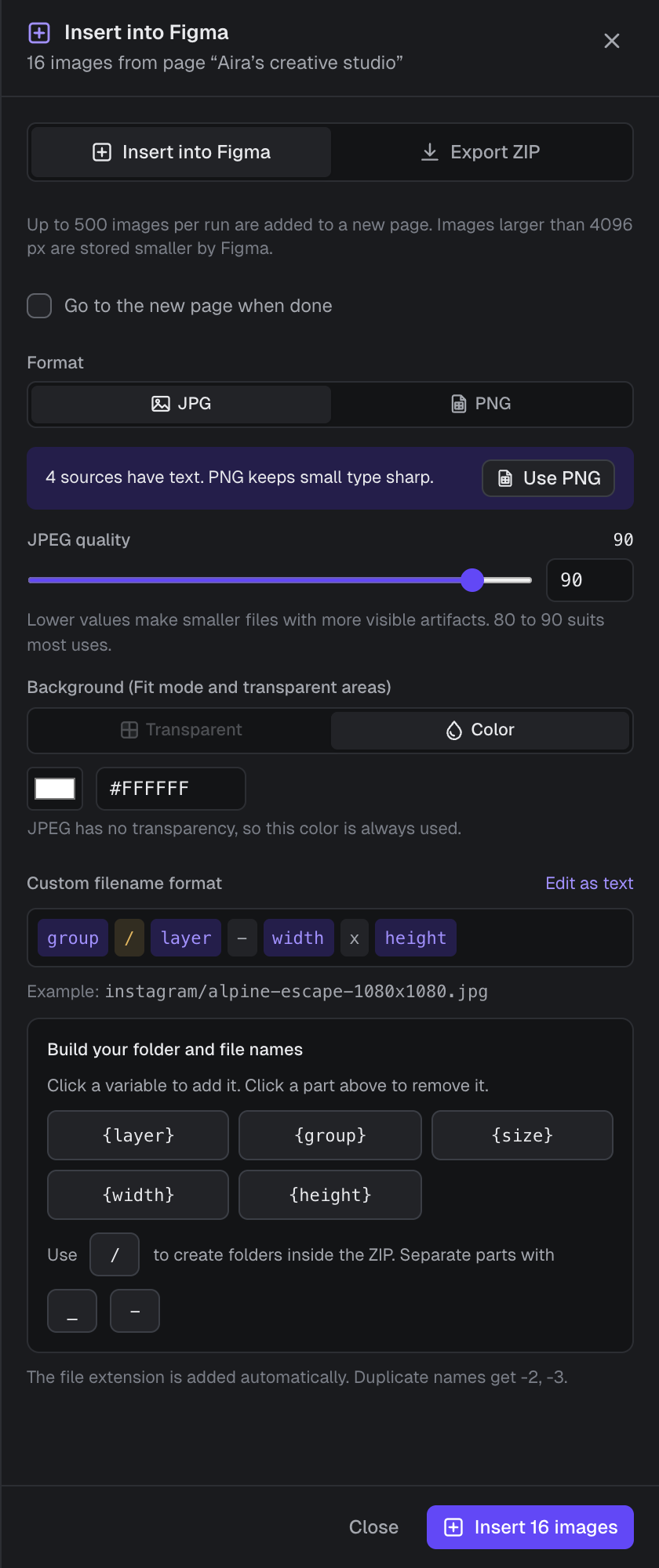 The Insert into Figma dialog with the Go to the new page when done checkbox, format, JPEG quality, background and file name settings.