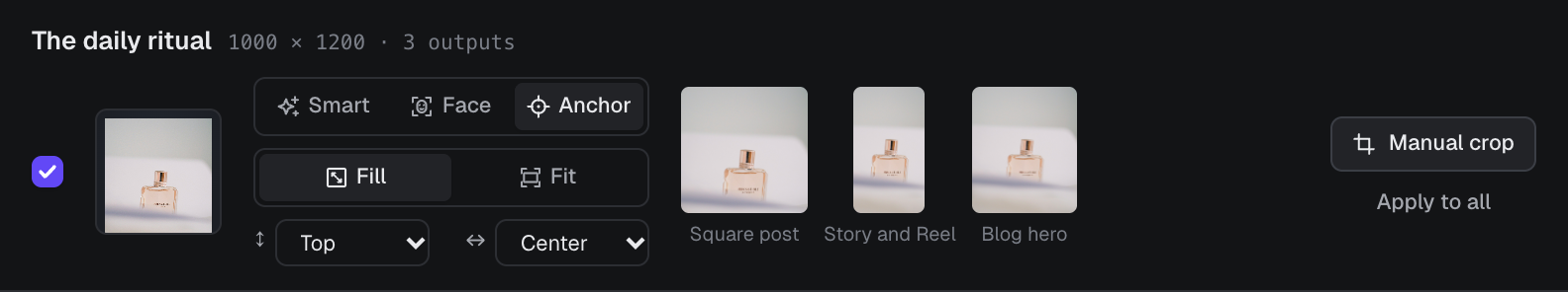 A review row with Anchor focus selected and the anchor set to Top and Center.