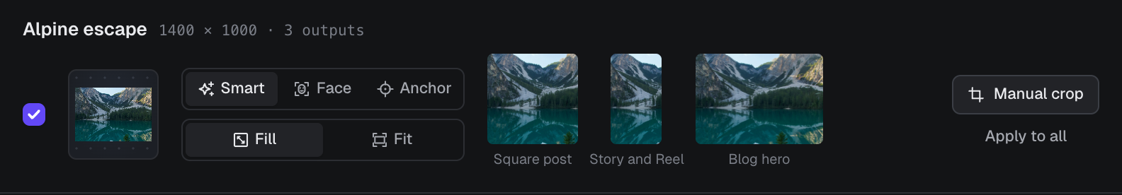 One review row: a checkbox, the source thumbnail, Smart, Face and Anchor buttons, Fill and Fit buttons, three previews, and Manual crop and Apply to all buttons.