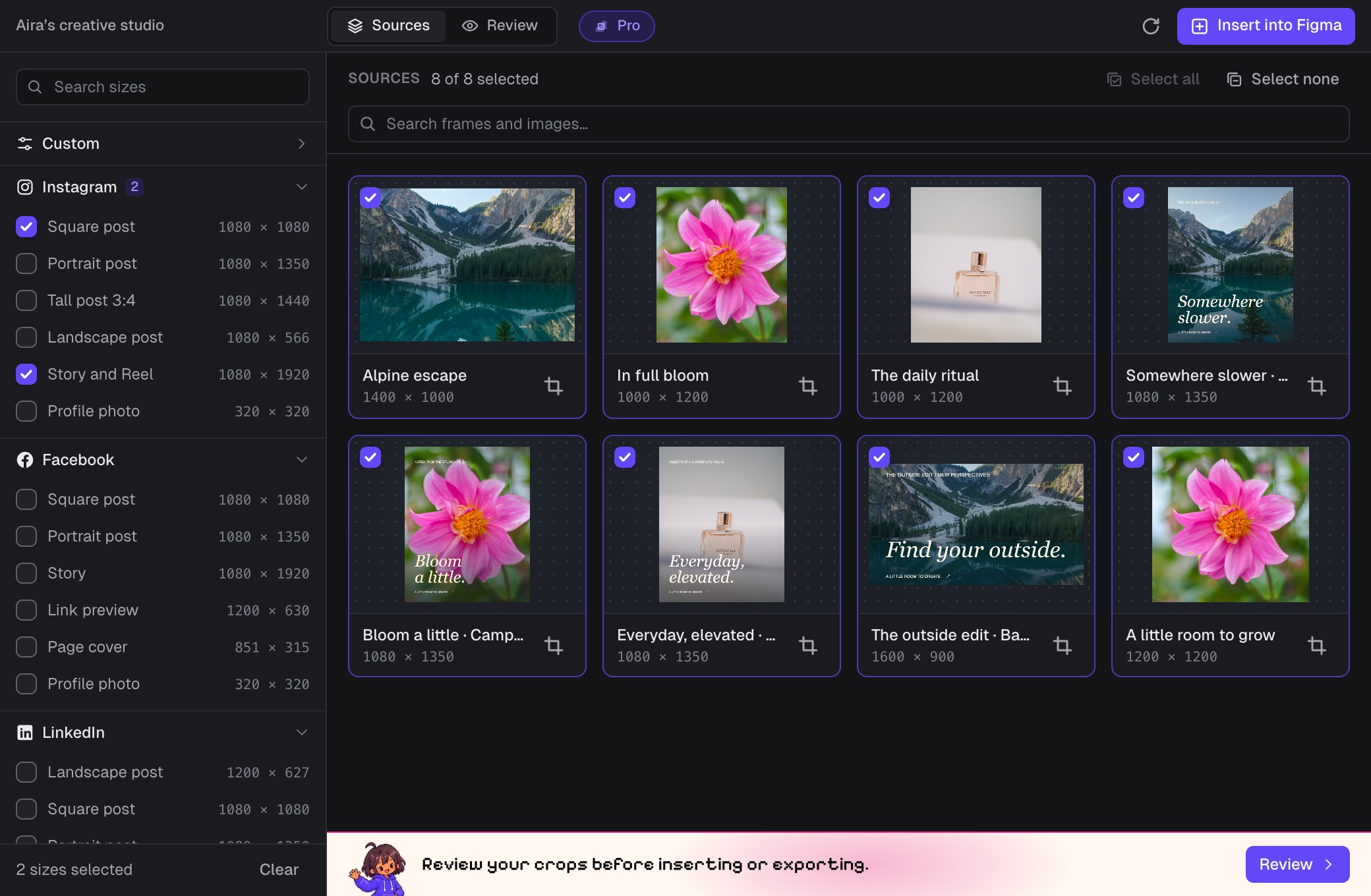 The Croppy plugin window. Output sizes are listed on the left, and eight source images are selected on the right.