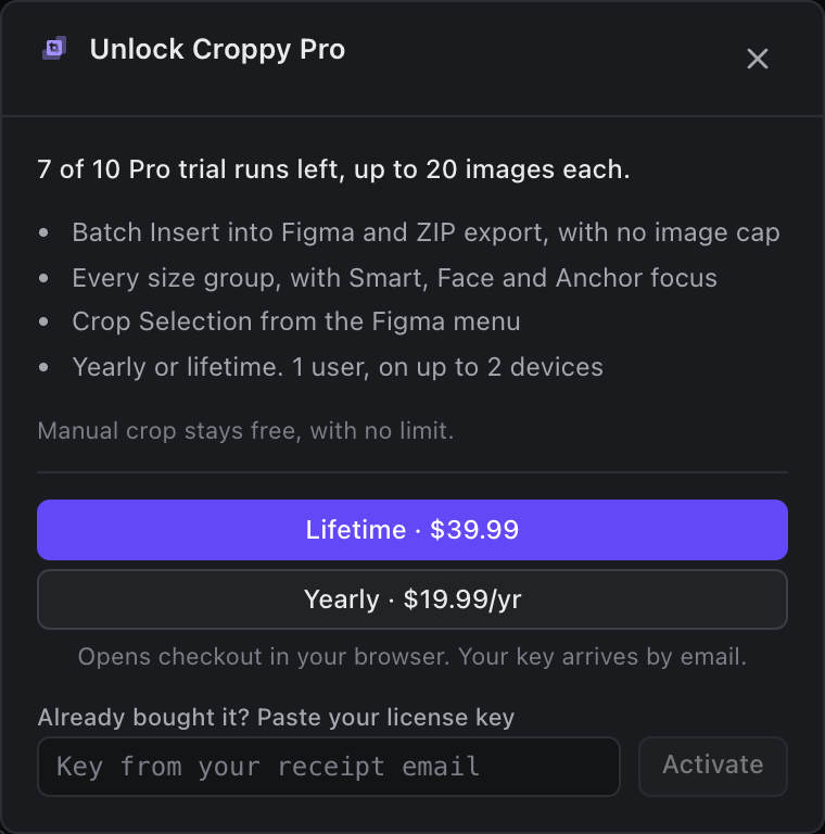 The Unlock Croppy Pro dialog with Lifetime $39.99 and Yearly $19.99 per year buttons, and a field to paste a license key.